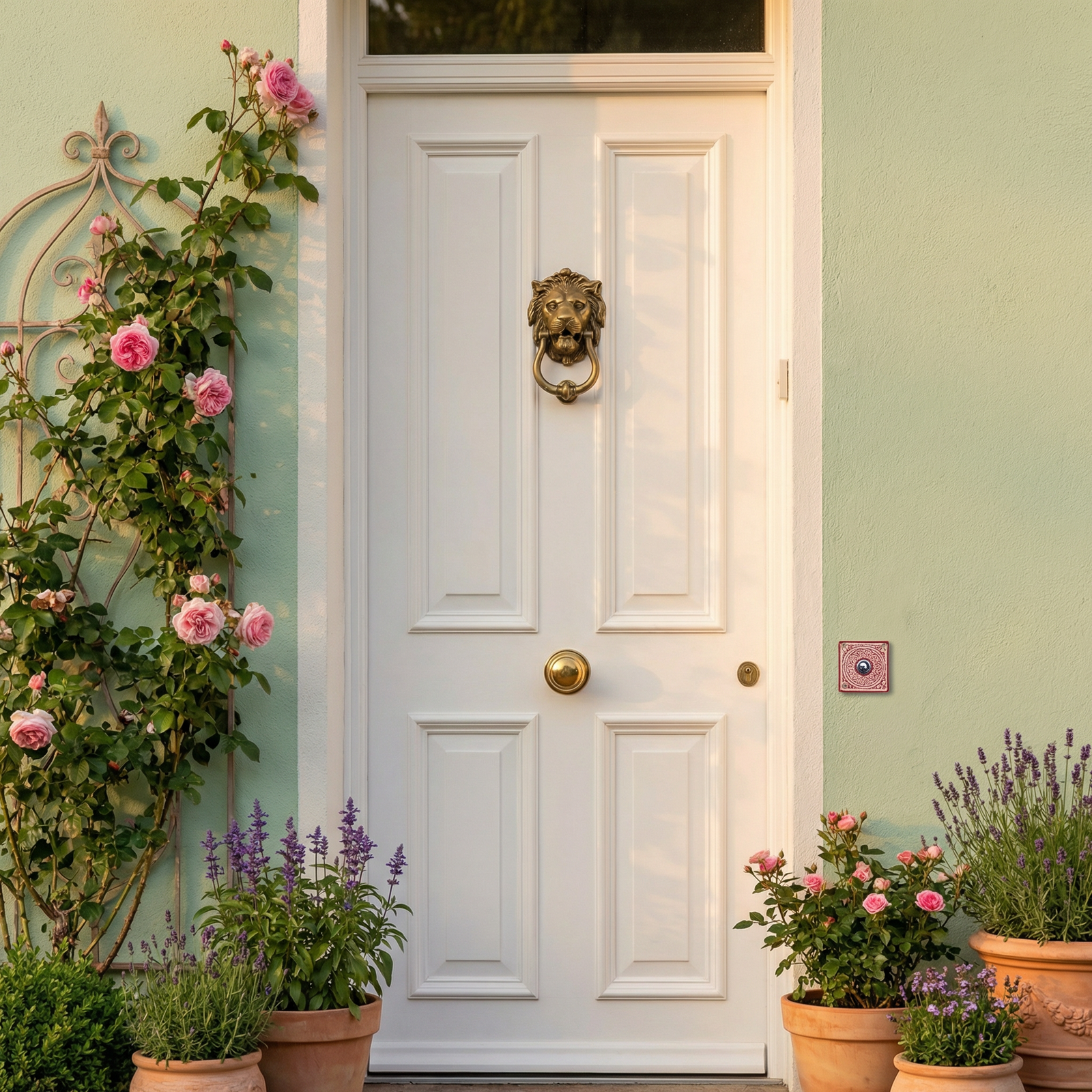 Handgefertigte Keramik-Klingelplatte – Rot/Beige, ca 11x11cm Maße? Siehe Beschreibung