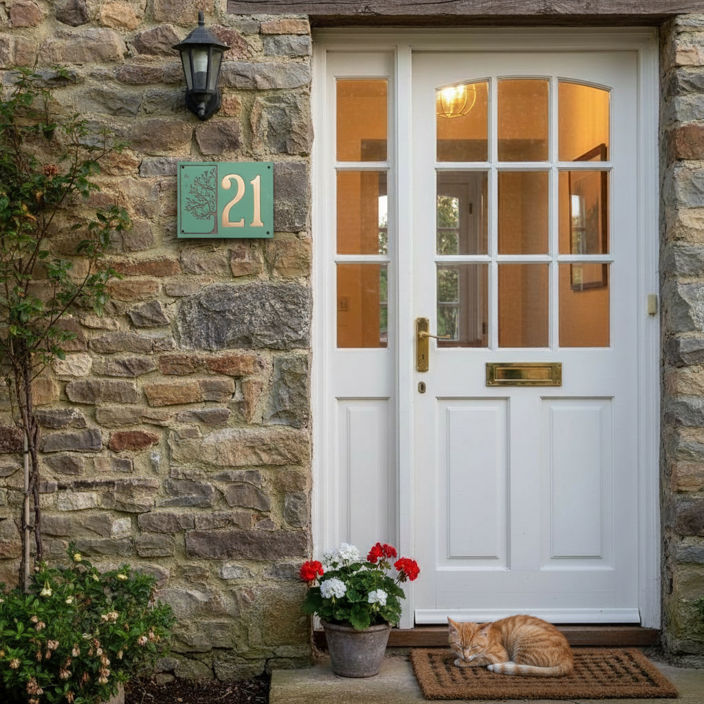 Handgemachte Hausnummer Tafel aus Keramik mit Baum-Motiv – personalisierbar, wetterfest, Maße*siehe Beschreibung
