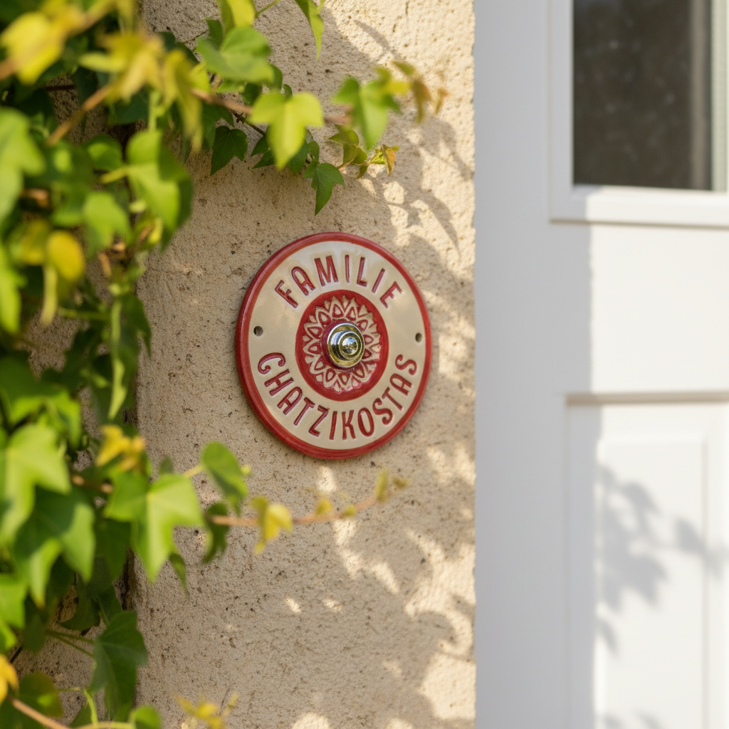 Personalisiertes , Rot/Weißes Keramik-Türschild mit Klingel – handgefertigtes Namensschild, rund 14 cm, wetterfest und frostbeständig.