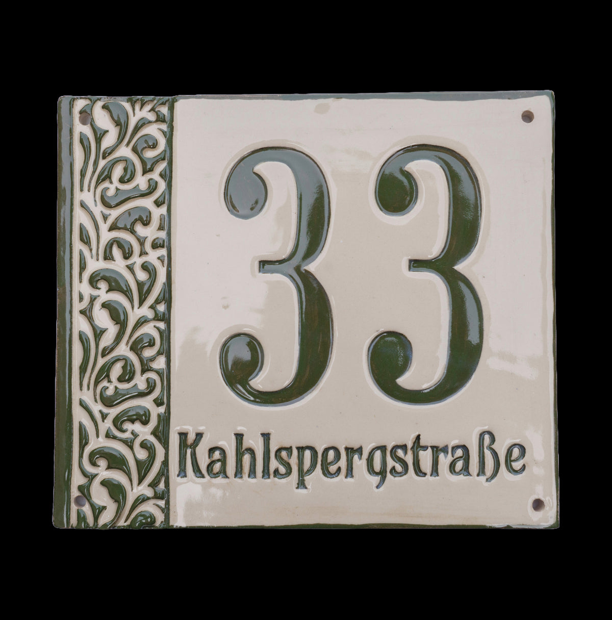 Hausnummer mit Straßennamen – Keramik Schild Grün, wetter- & frostfest