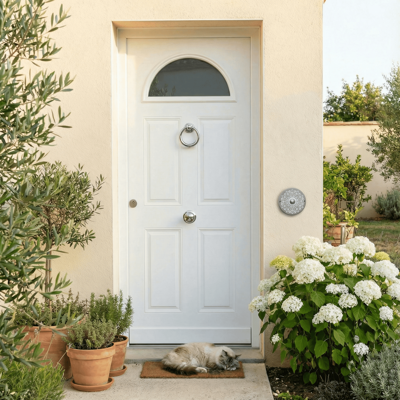 Handgefertigte Keramik-Klingelplatte im Mandala-Design – Grau/Weiß, ca 16 cm Runde Türglocke Maße? Siehe Beschreibung