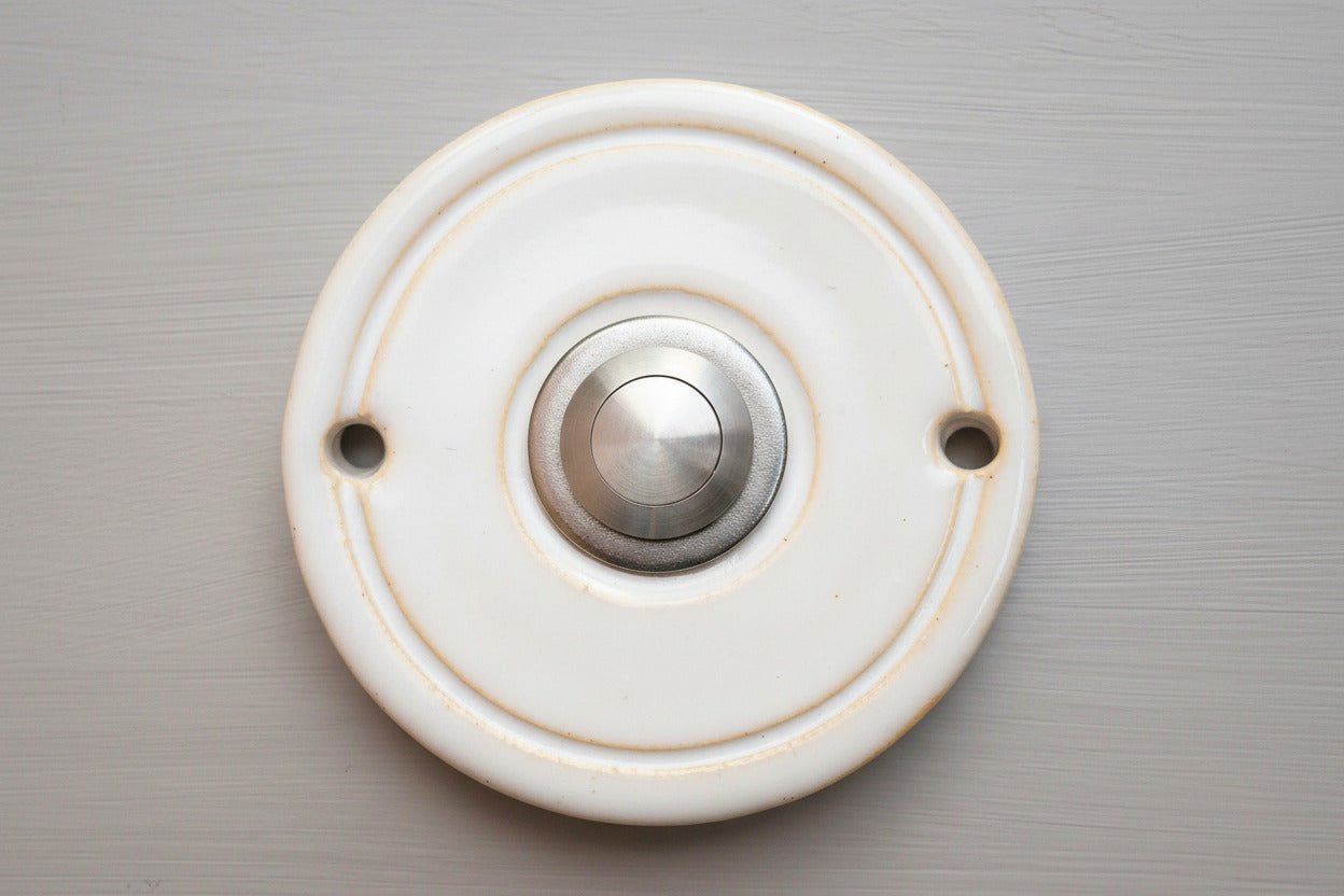 Runder weißer Klingelknopf mit polierter Chrom-Mitte – modernes minimalistisches Design für Hauseingang