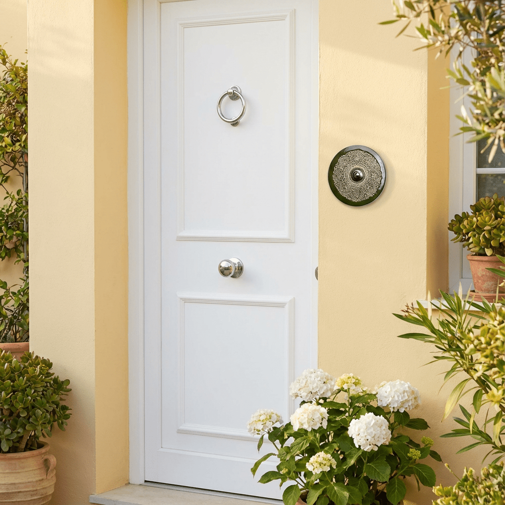 Handgefertigte rote Keramik-Klingelplatte mit Mandala – ca. 10–12 cm Maße? Siehe Beschreibung