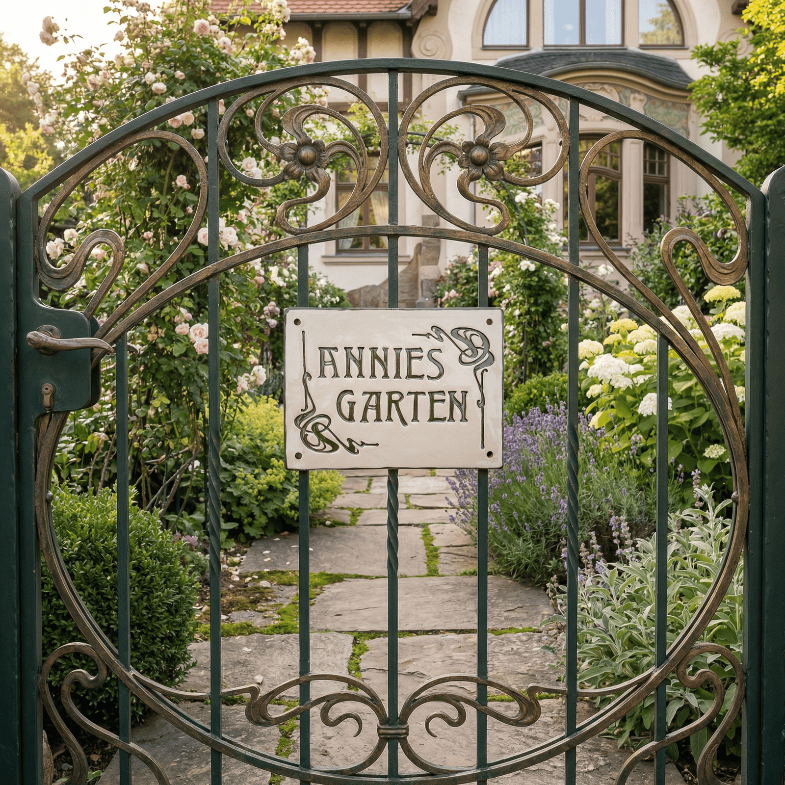 Handgefertigtes Keramik-Türschild mit Jugendstil Muster an einem edlen Gartentor vor einer Villa