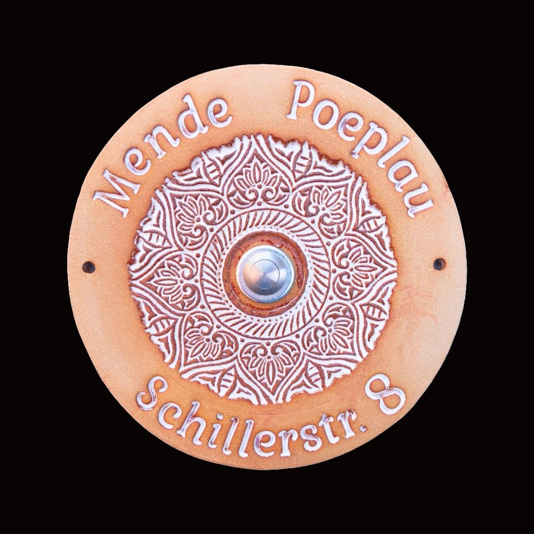 Handgefertigtes Keramik - Türschild beige/Weiß mit Mandala Dekor– Mit oder ohne Klingel (22cm) - Keramikwerkstatt Johanna Brückner