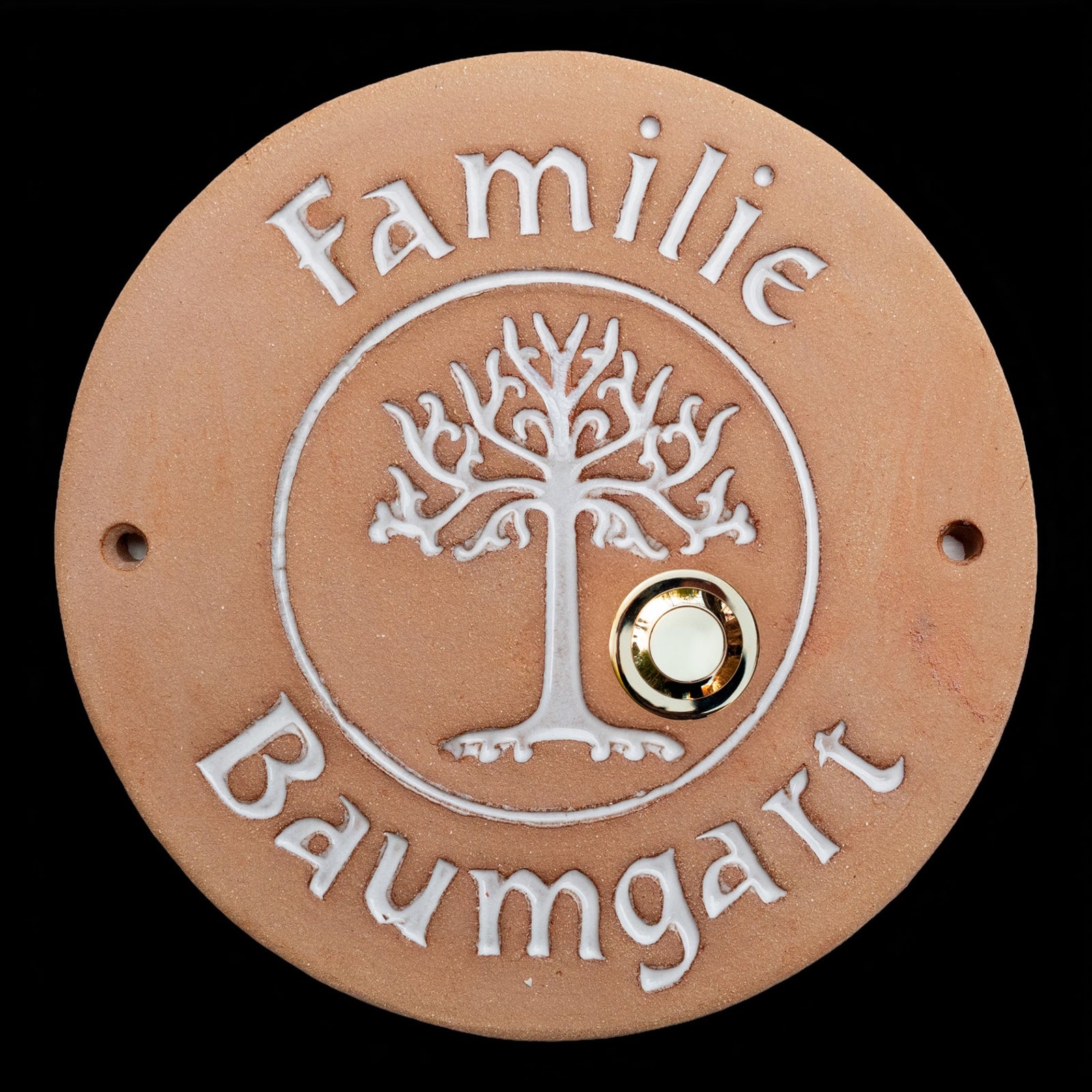 Handgefertigtes Keramik-Türschild,rund,mit Baum , Lebensbaum - Handgefertigte Keramik-Klingelplatte , 18cm - Keramikwerkstatt Johanna Brückner