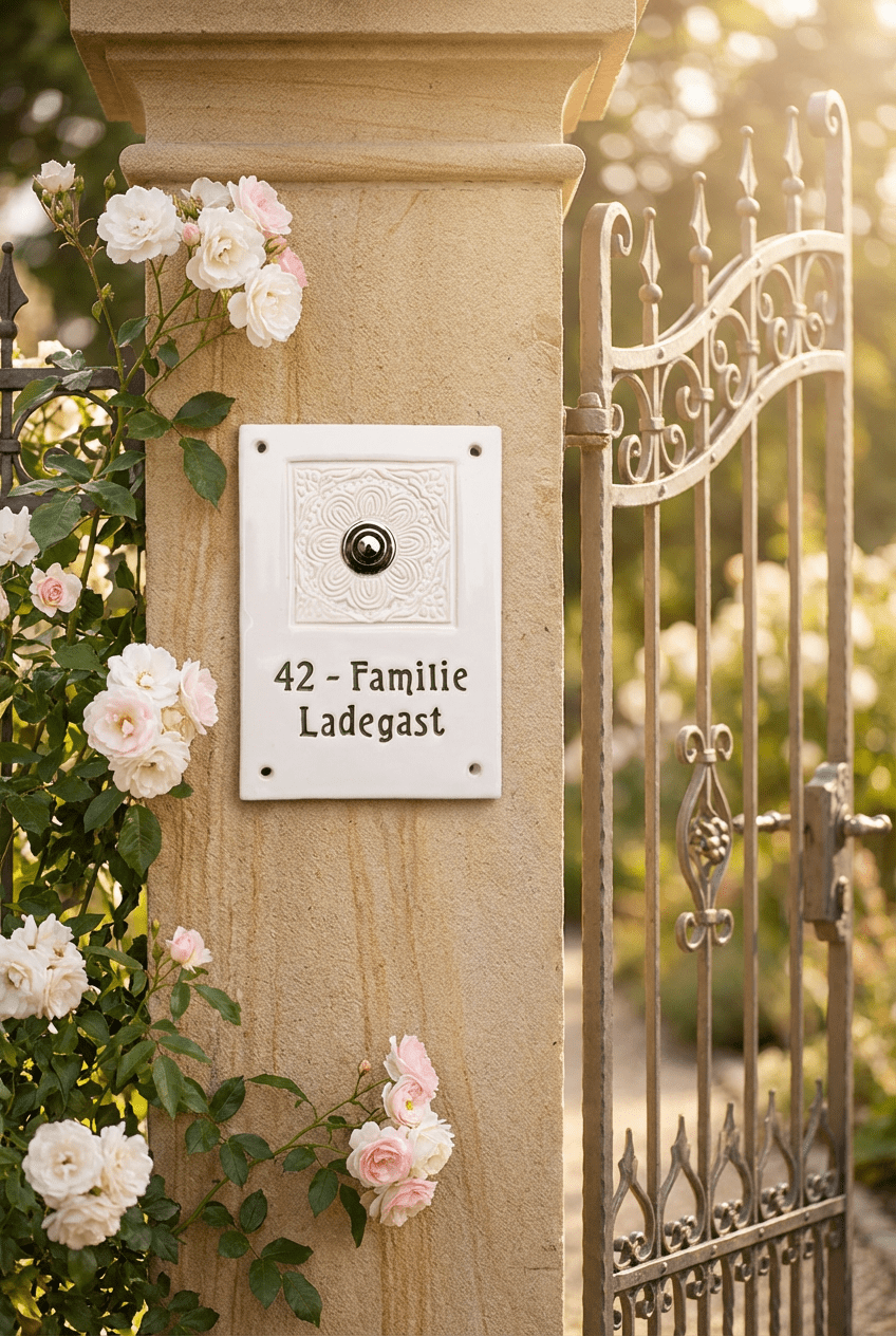 Handgefertigtes Türschild aus Keramik mit Klingelknopf