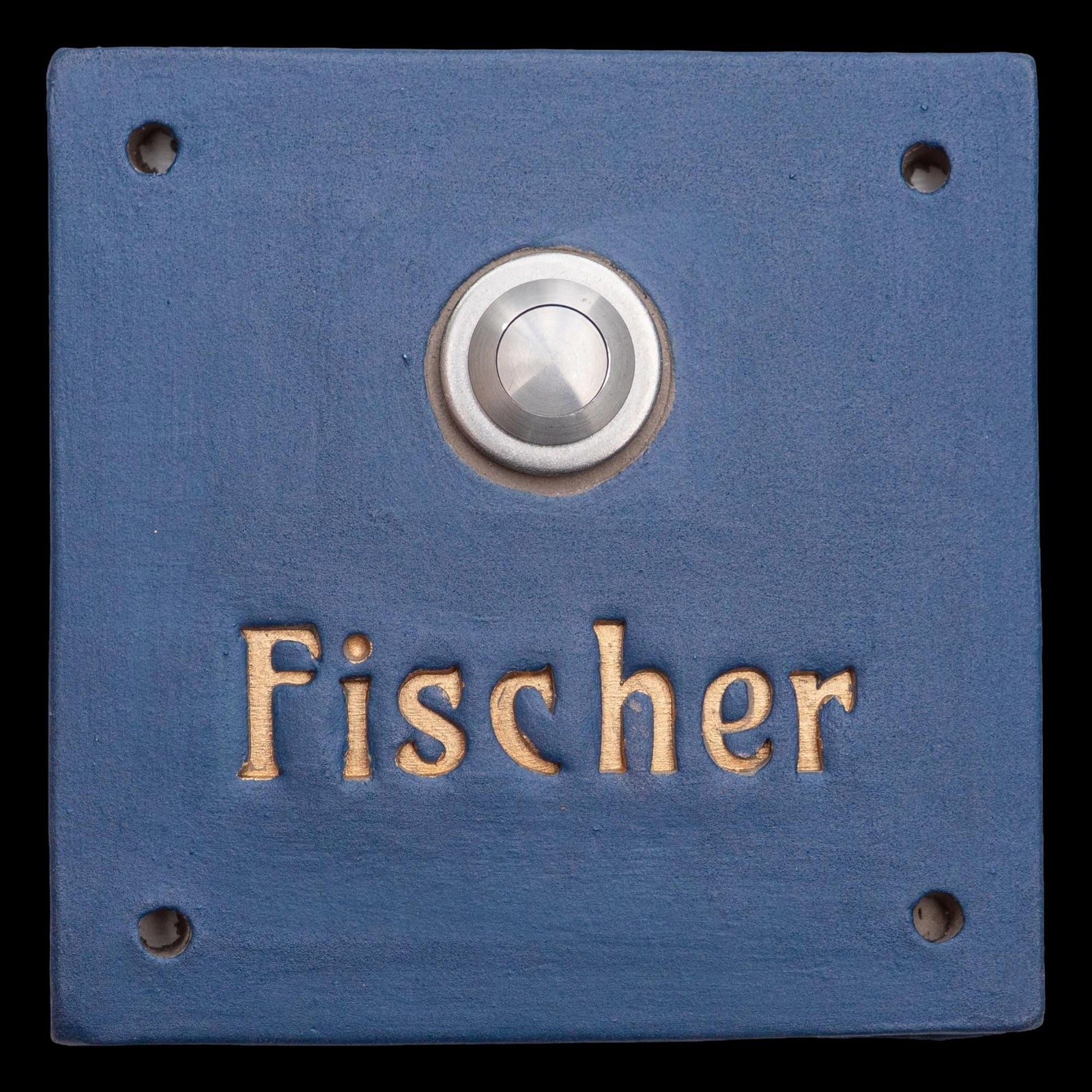 Handgefertigtes Keramik-Klingelschild mit Gravur –Blau matt, 13×13 cm