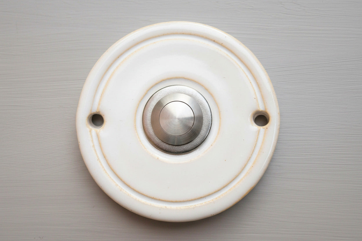 Runder weißer Klingelknopf mit polierter Chrom-Mitte – modernes minimalistisches Design für Hauseingang