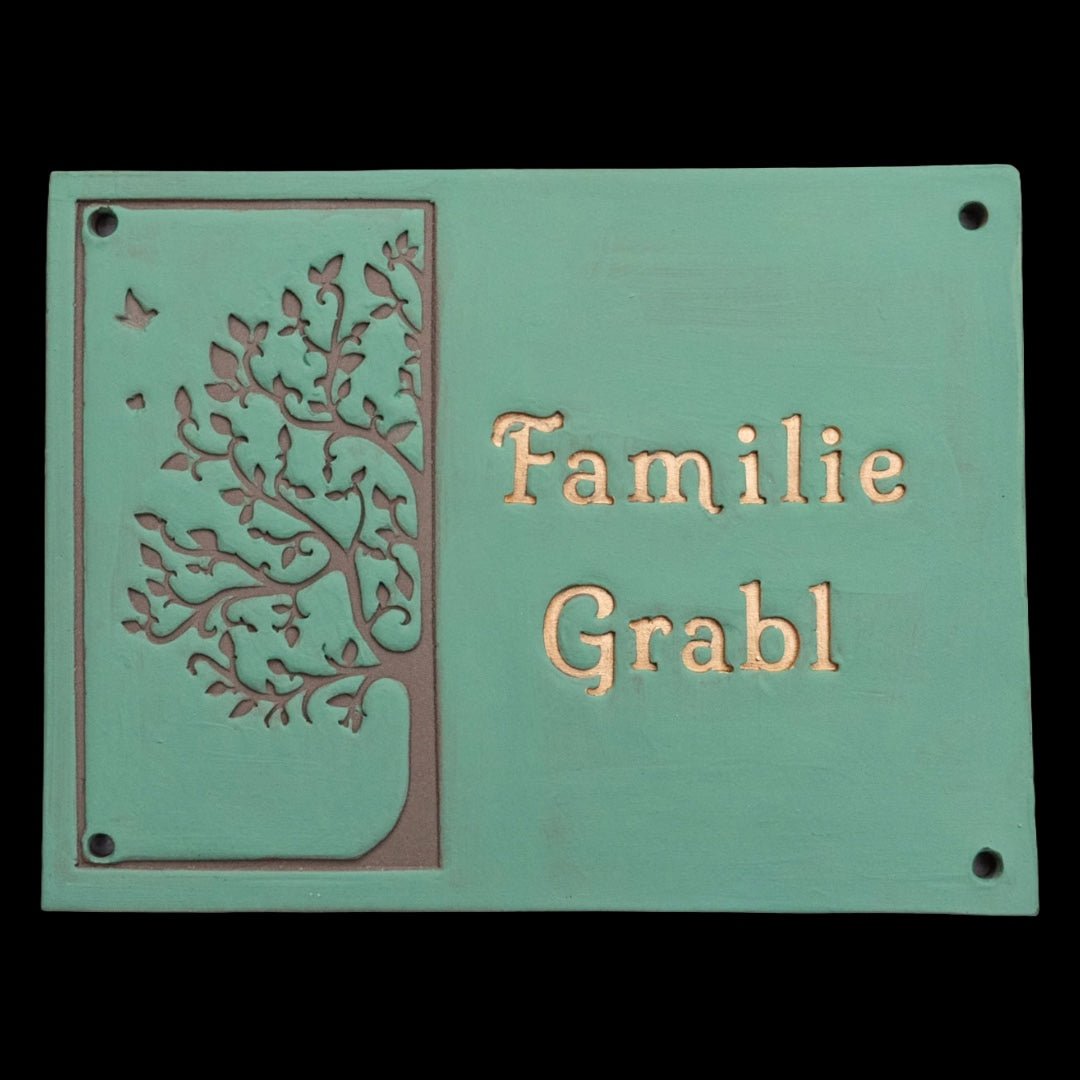 Türschild, Namensschild aus Keramik mit Lebensbaum. Matte frostfeste Oberfläche