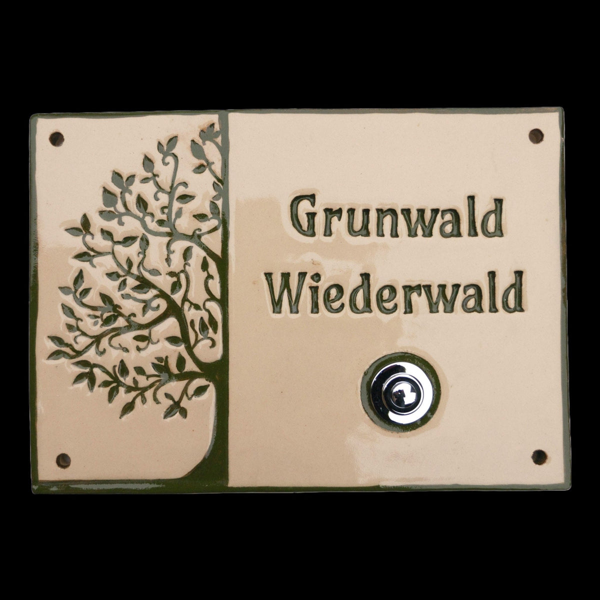 Dekoratives Keramik-Türklingelschild mit den Namen Grunwald und Wiederwald und künstlerischem Baum-Motiv