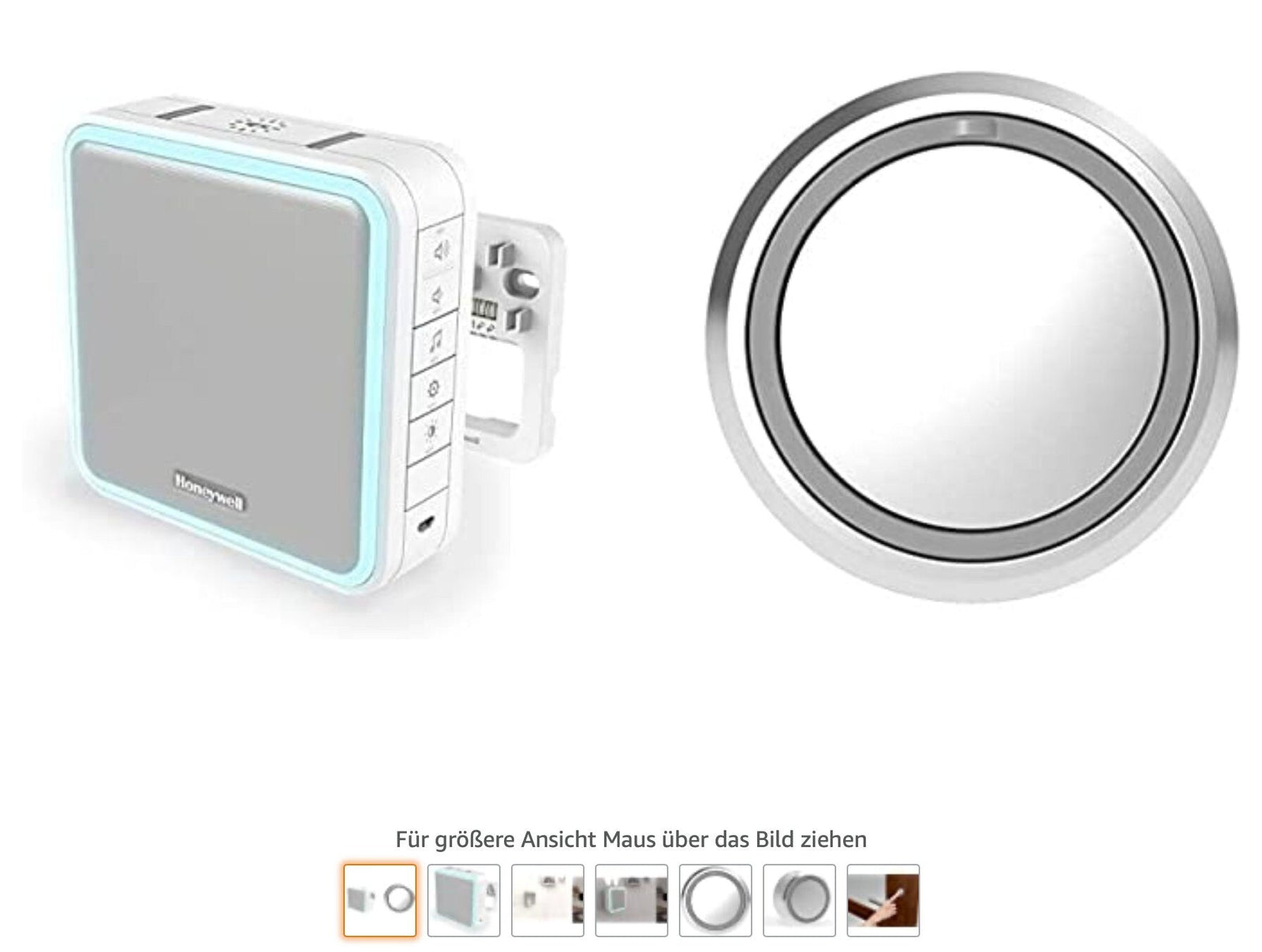 a white and blue electronic device, possibly a security system or alarm system, with a circular panel and a square panel. The caption below the image provides information about the device, but it is too long and includes redundancy, so it is not suitable for use in this context.