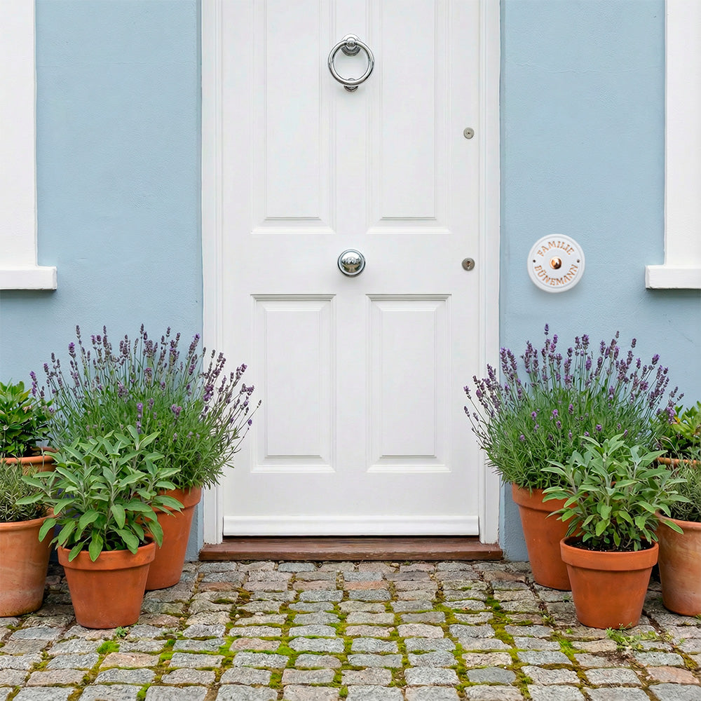 Rundes ,weißes Keramik-Klingelschild mit Namen. Schrift und Schriftfarbe wählbar
