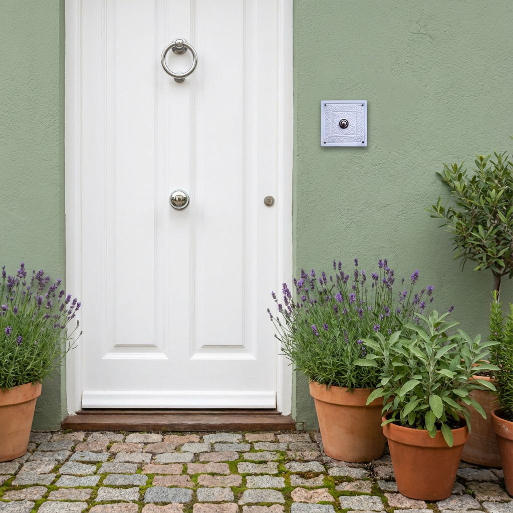 Elegante Keramik-Klingelplatte mit ornamentalem Relief – quadratisch, ca. 14 × 14 cm Maße? Siehe Beschreibung