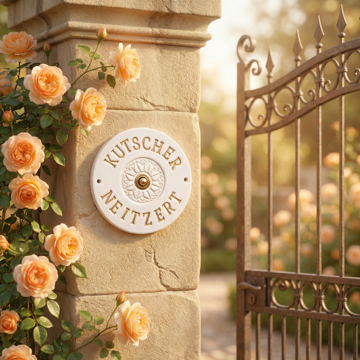 Handgefertigtes Keramik-Türschild,rund,mit Mandala Muster – Namensschild (ca.18 cm)  - Handgefertigte Keramik-Klingelplatte