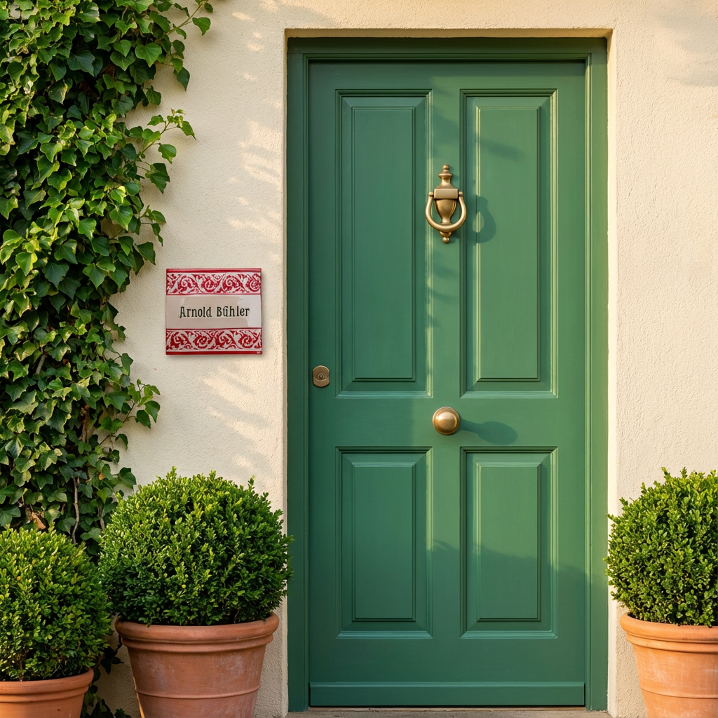 Handgefertigtes Keramik-Türschild  mit roter  Borte – ca. 26×23 cm