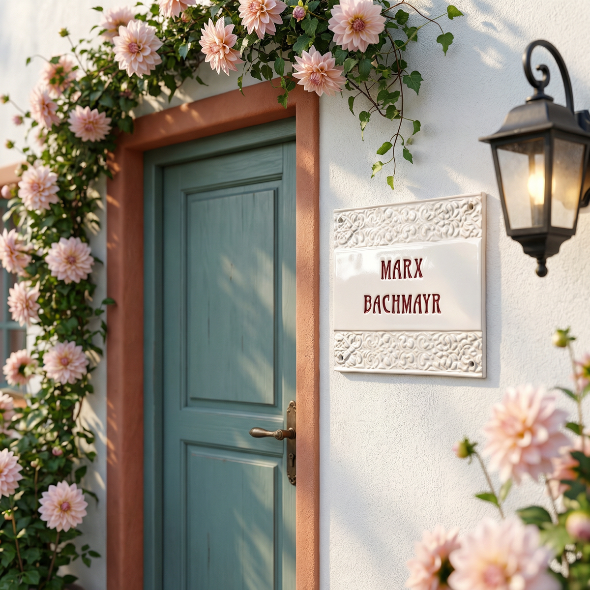 Stilvolles, handgefertigtes Keramik-Türschild  mit Floralem Relief in weiß – ca. 27×23 cm