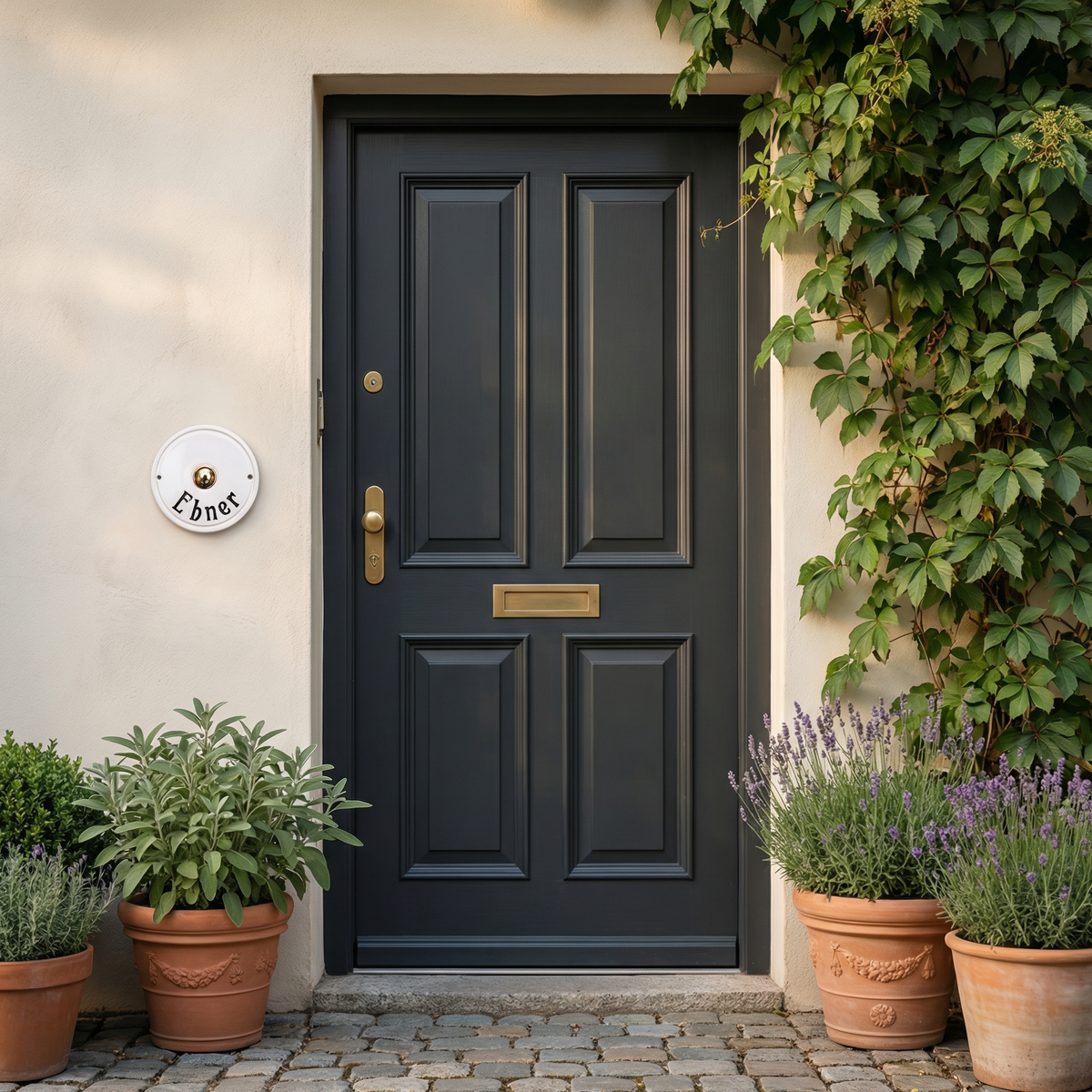 Handgefertigtes weißes Keramik-Klingelschild mit individueller Namensgravur in unterschiedlichen Farben und Schriften