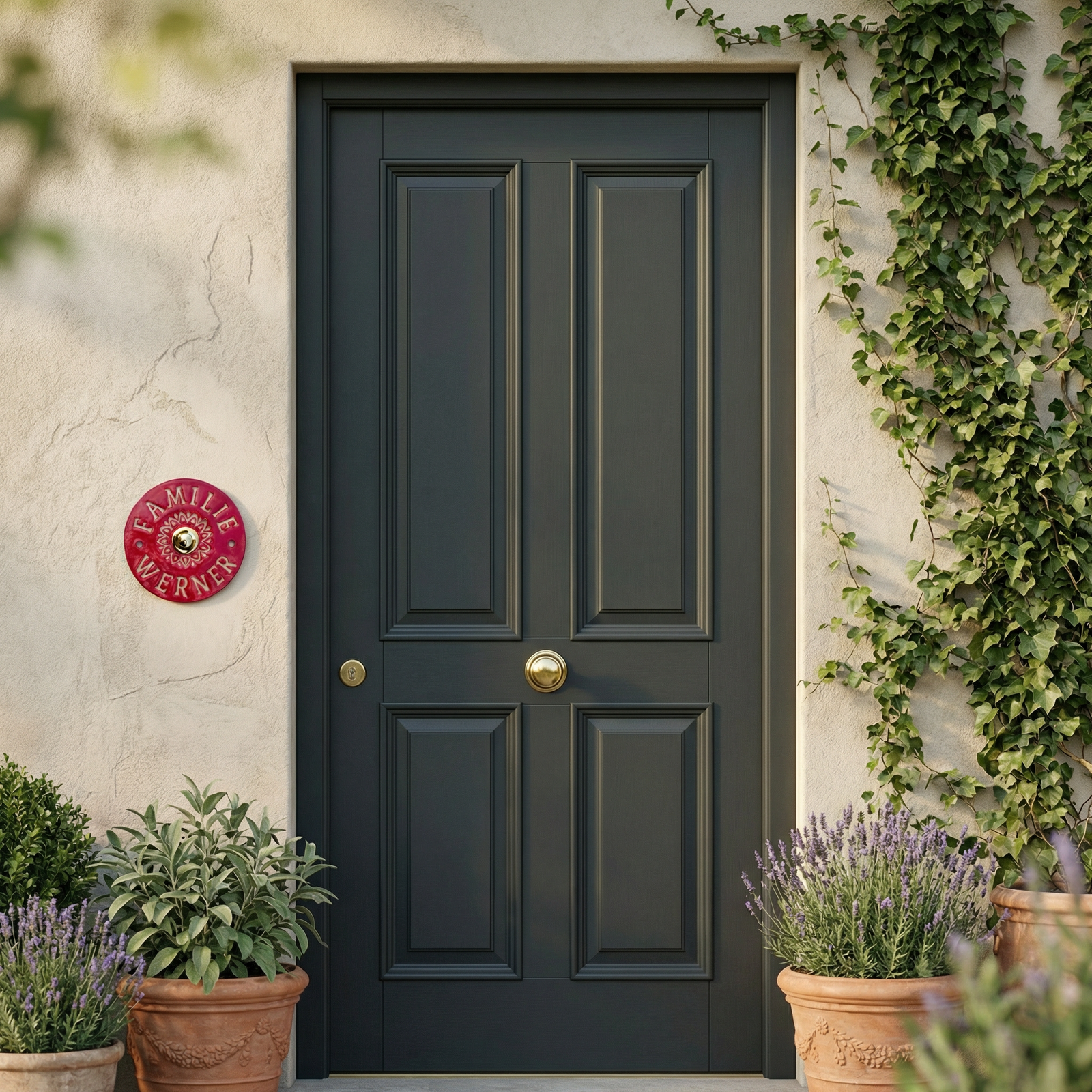 Personalisiertes , Rot/Weißes Keramik-Türschild mit Klingel – handgefertigtes Namensschild, rund 14 cm, wetterfest und frostbeständig.