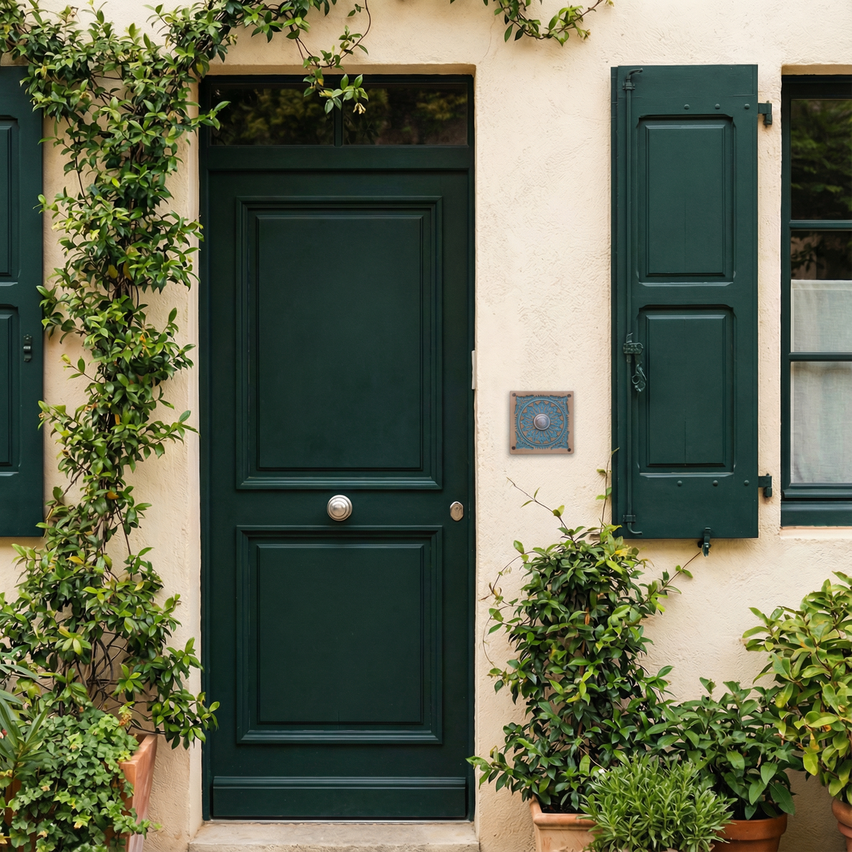 Handgefertigte Keramik-Klingelplatte mit Mandala – ca. 11x11-12x12 cm Maße? Siehe Beschreibung