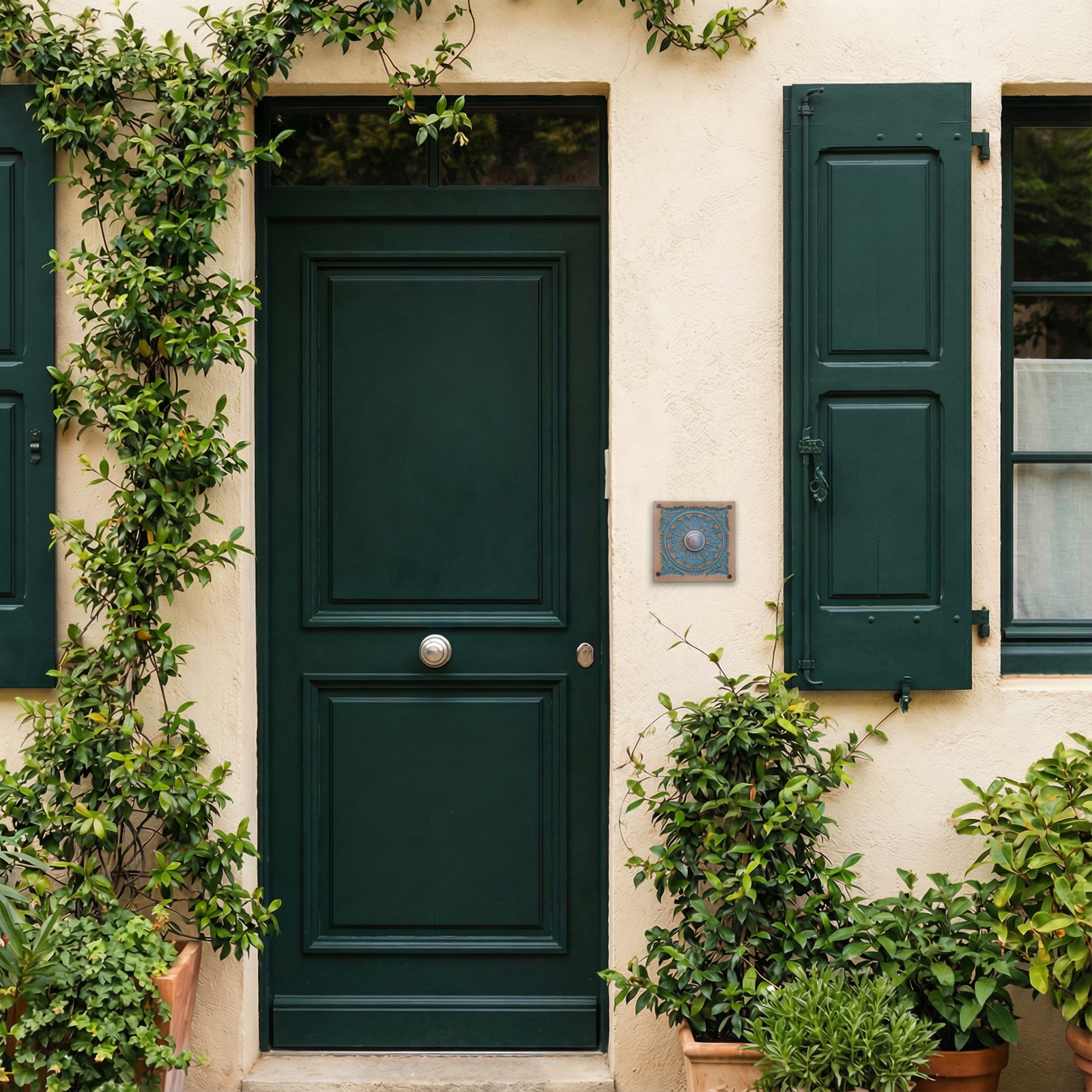 Handgefertigte Keramik-Klingelplatte mit Mandala – ca. 11x11-12x12 cm Maße? Siehe Beschreibung