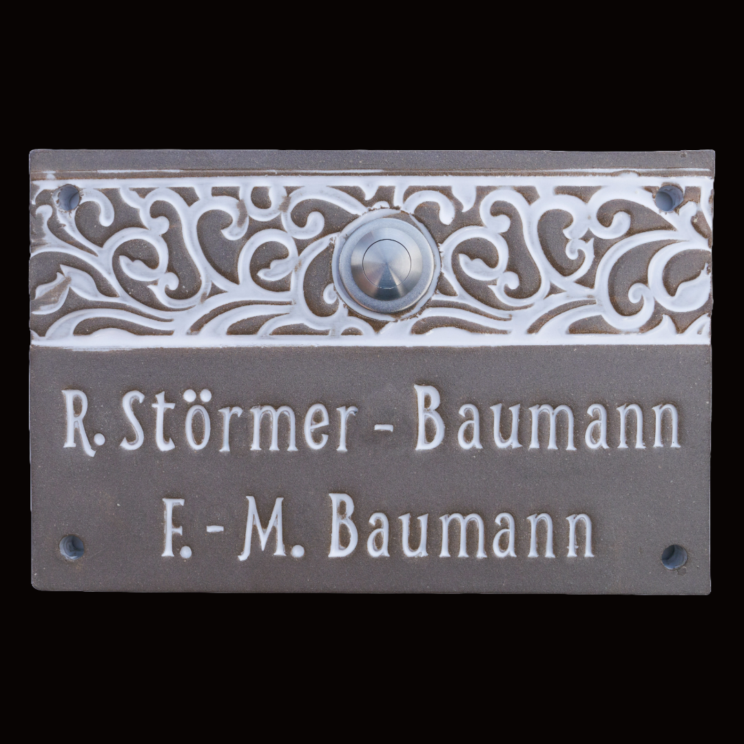 Handgefertigtes Keramik-Türschild mit, oder ohne Klingelknopf – Namensschild ,Grau /Weiß