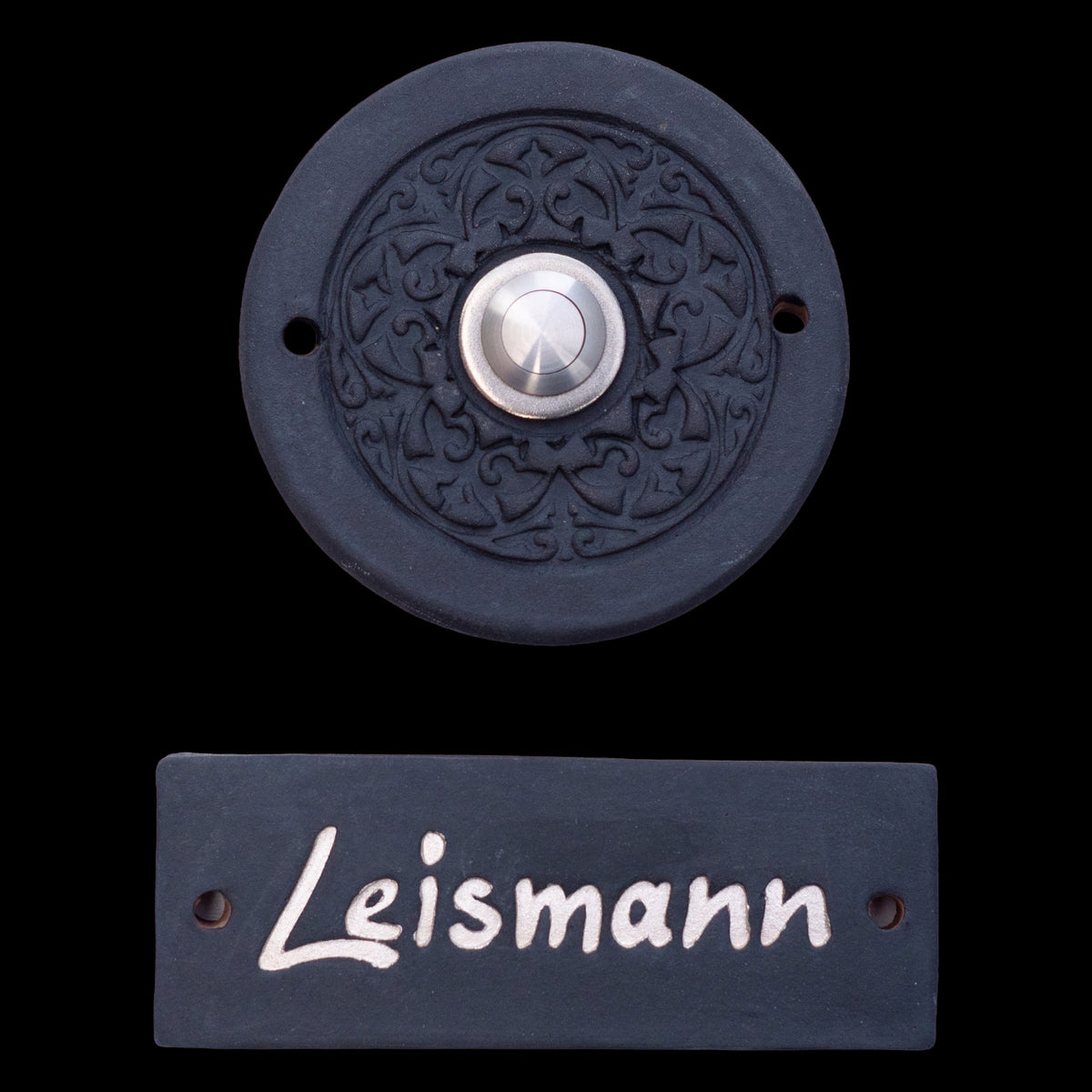 Handgefertigte Keramik-Klingelplatte (ca. 12 cm) – Mit personalisiertem Namensschild,schwarz