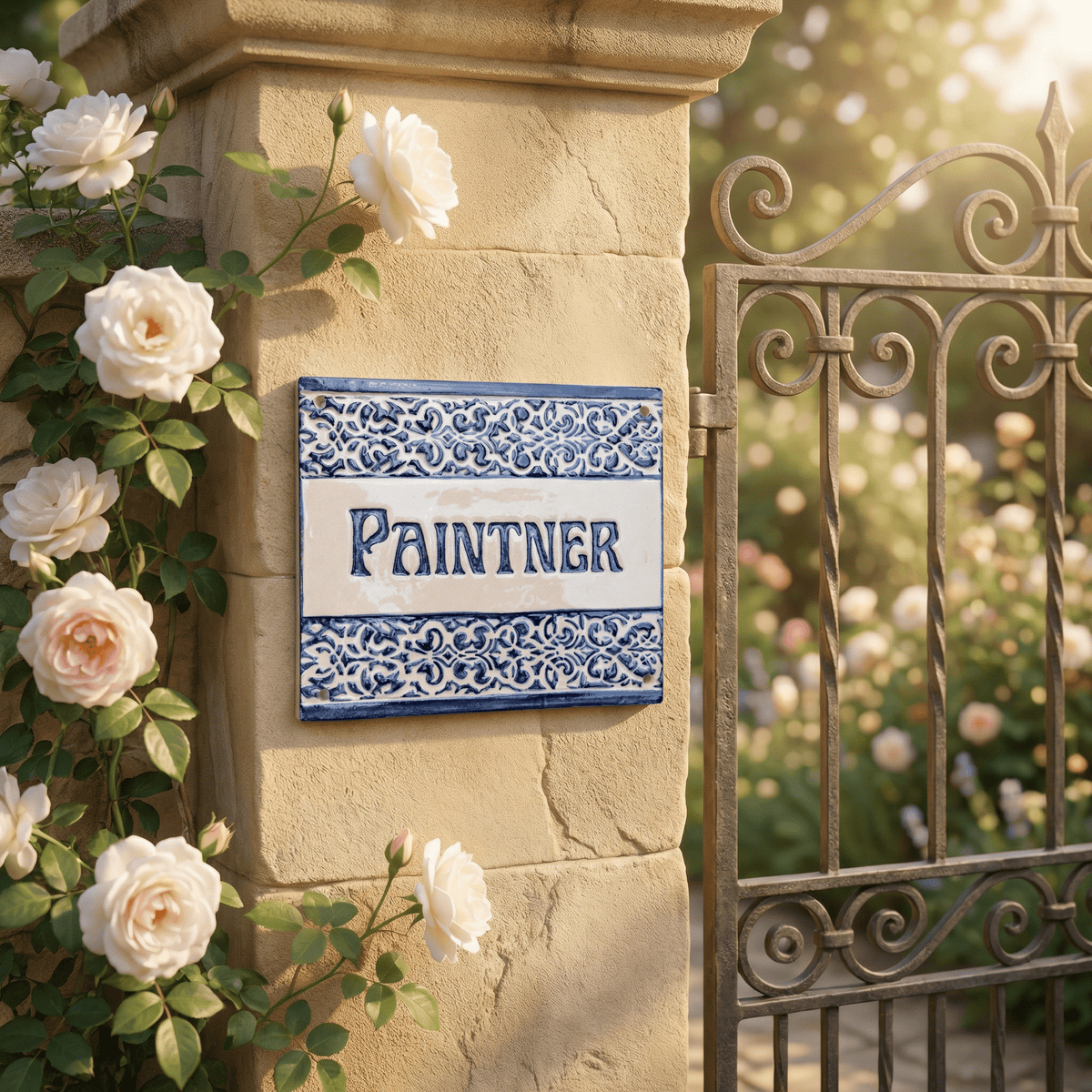 Auffallendes Türschild aus Keramik mit zwei Muster Borten und individuellem Namenszug