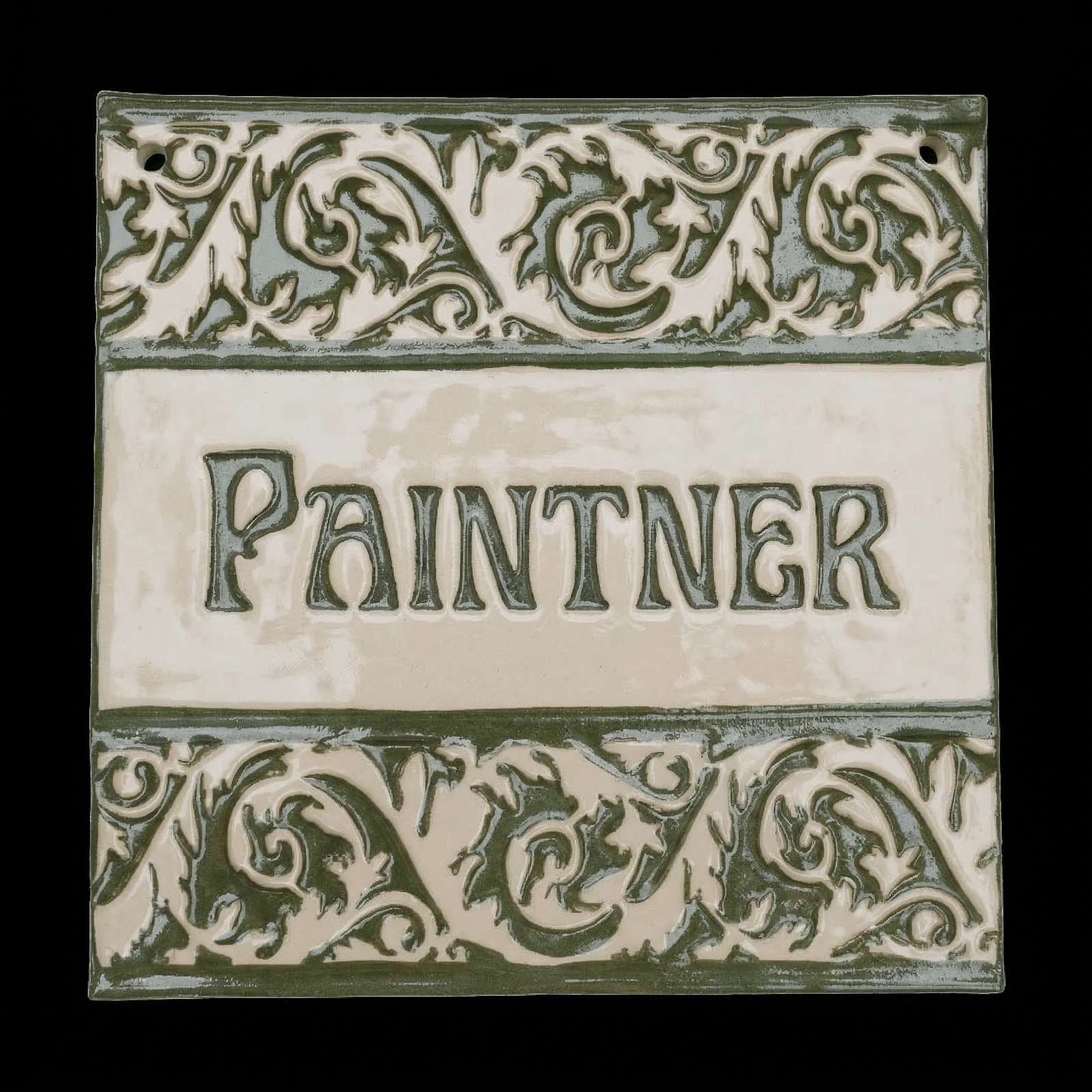 Auffallendes Türschild aus Keramik mit zwei Muster Borten und individuellem Namenszug - Keramikwerkstatt Johanna Brückner