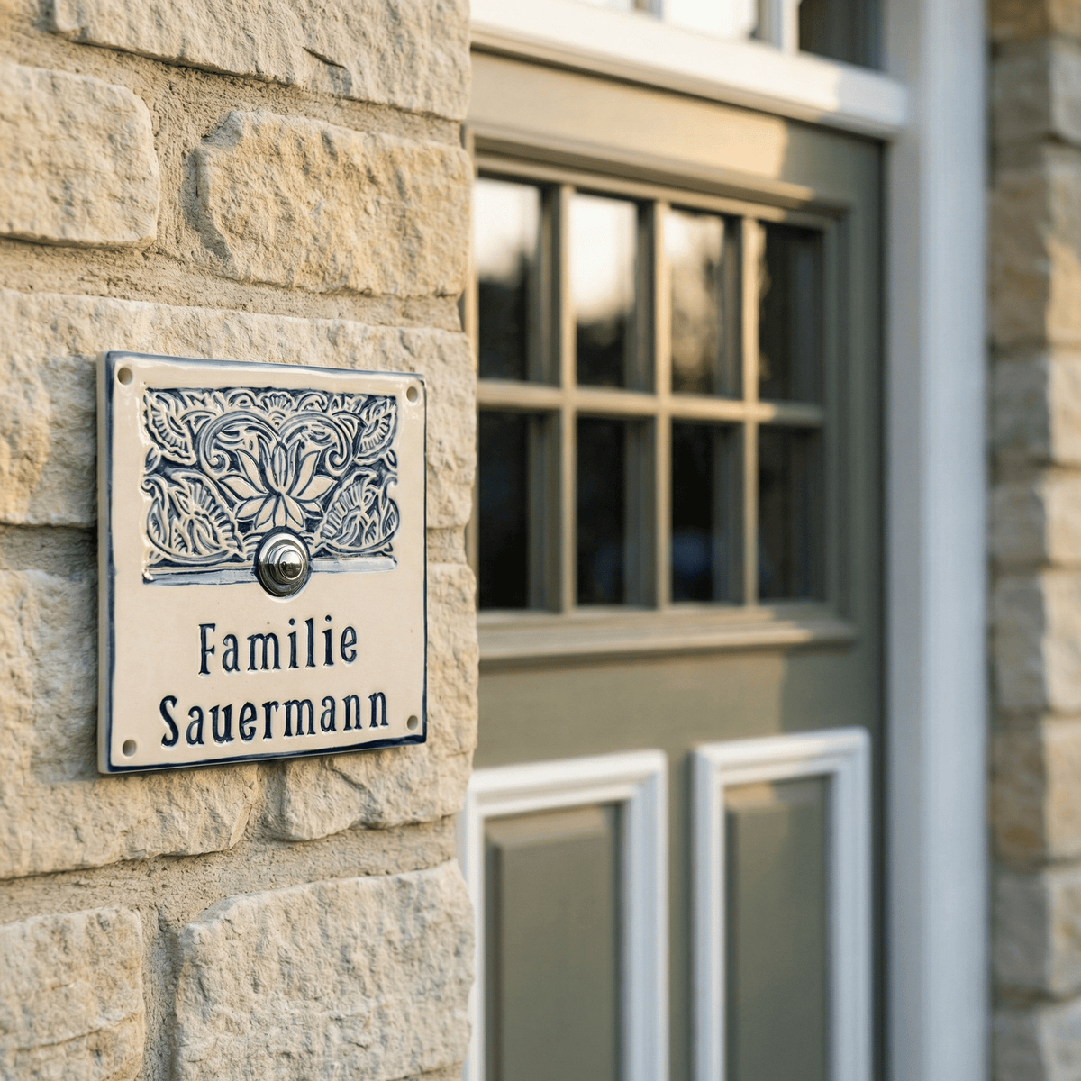 Ausgefallenes Türschild aus Keramik mit Lilienmuster