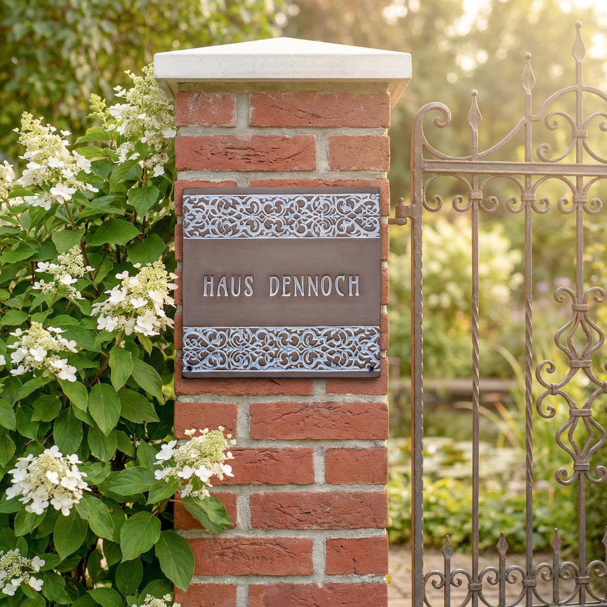 Edles Türschild aus grauem Ton mit weiß abgesetzter Schrift und Muster. Handarbeit