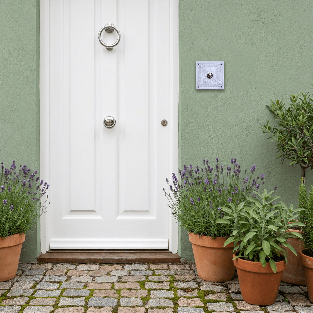 Elegante Keramik-Klingelplatte mit ornamentalem Relief – quadratisch, ca. 14 × 14 cm Maße? Siehe Beschreibung