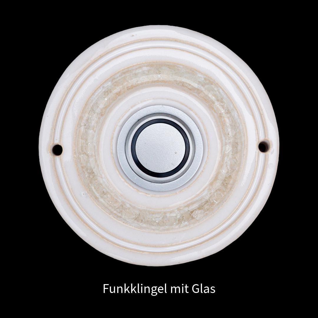 Handgefertigte Funkklingelplatte aus Keramik – Große kabellose Türklingel mit Glas – Ø ca. 16 cm – Wetterfest &amp; Frostsicher - Keramikwerkstatt Johanna Brückner