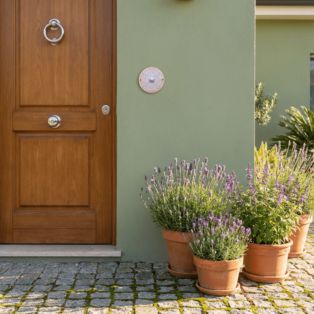 Handgefertigte Keramik-Klingelplatte im Mandala-Design – Weiß, ca 16 cm Runde Türglocke