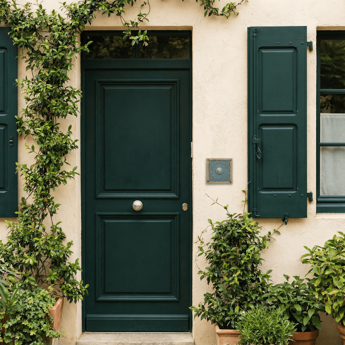 Handgefertigte Keramik-Klingelplatte mit Mandala – ca. 11x11-12x12 cm Maße? Siehe Beschreibung