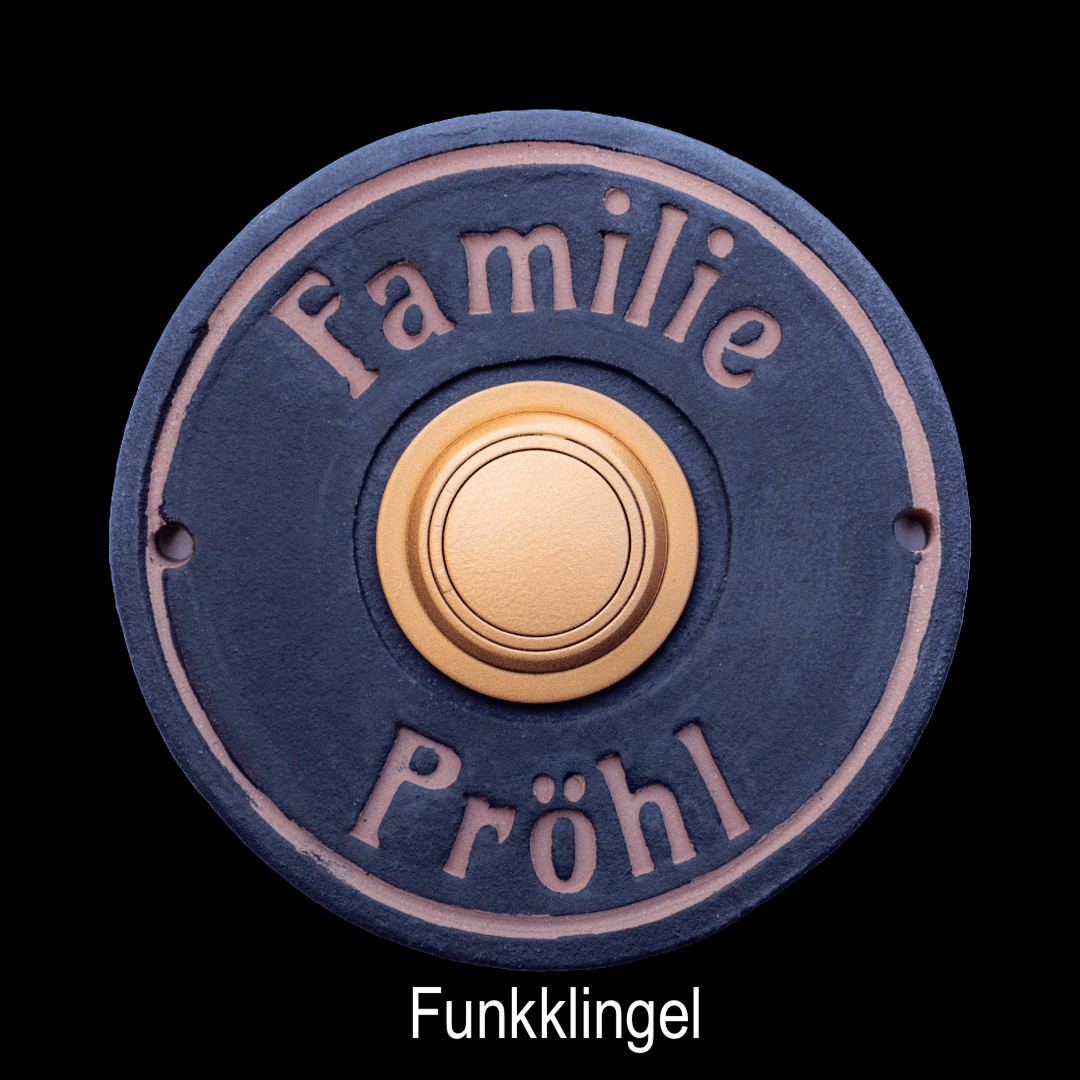 Elegante Funkklingel aus Keramik mit graviertem Familiennamen und goldenem Knopf – handgefertigt und wetterfes
