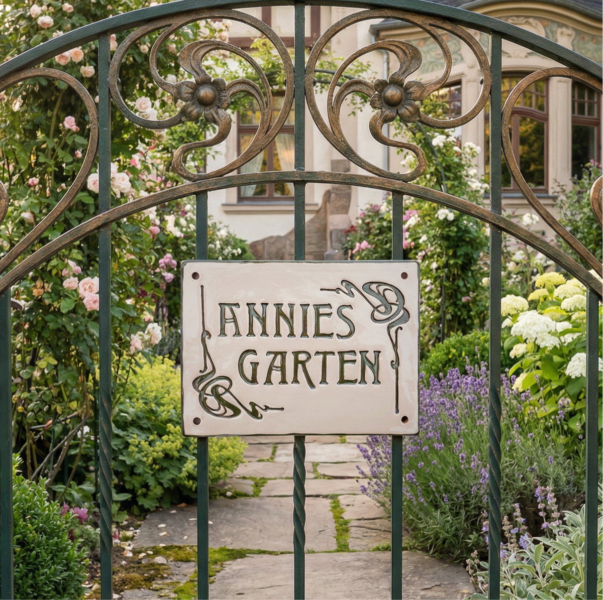 Handgefertigtes Keramik-Türschild mit Jugendstil Muster an einem edlen Gartentor vor einer Villa