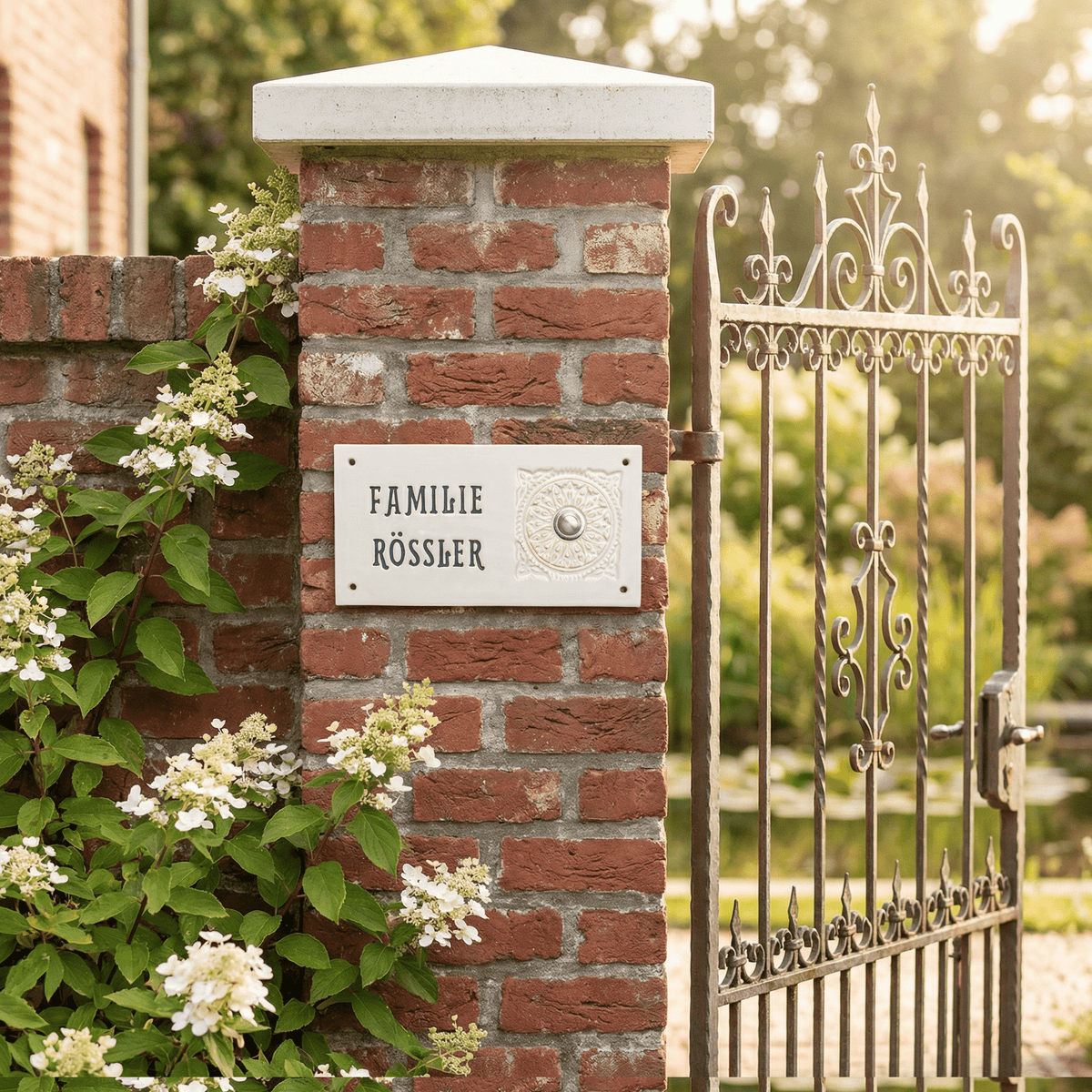 Handgefertigtes Keramik - Türschild – Namensschild mit Blumendekor,Grau /Weiß - Keramikwerkstatt Johanna Brückner