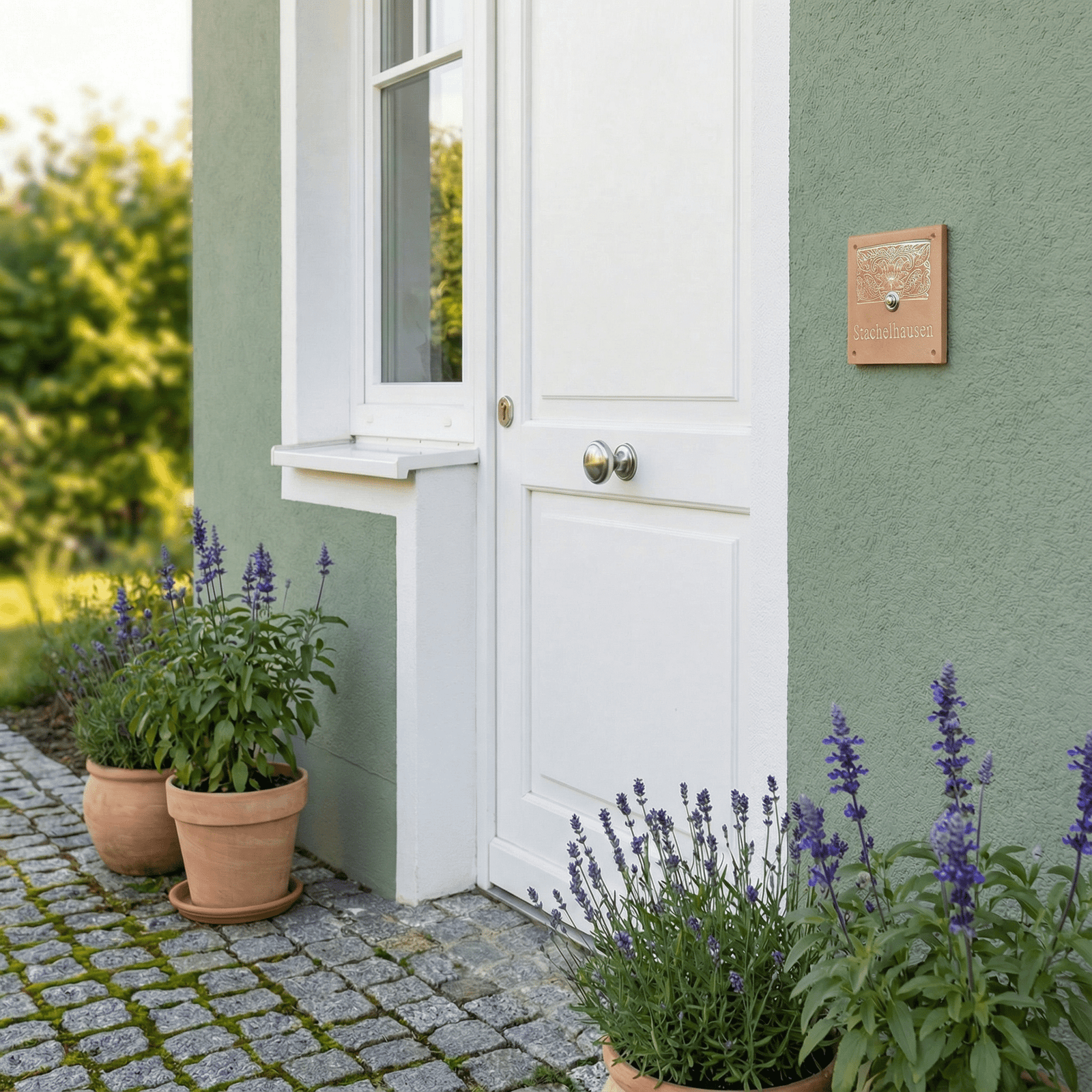 Handgefertigtes Keramik-Türschild beige/Weiß mit Lilien Dekor– Mit oder ohne Klingel (20x19 cm)