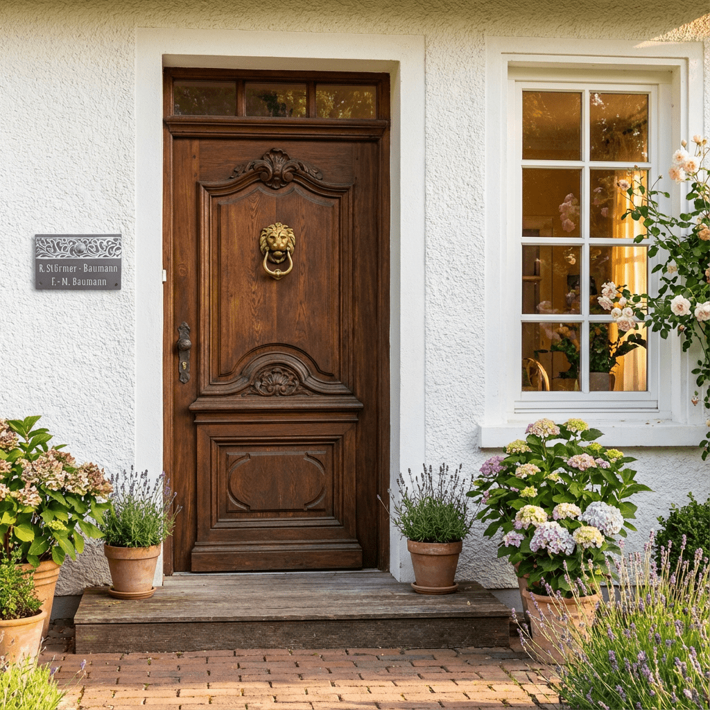Zeitlos schlichtes Keramik-Türschild, handgefertigt und frostfest an einer Hauswand