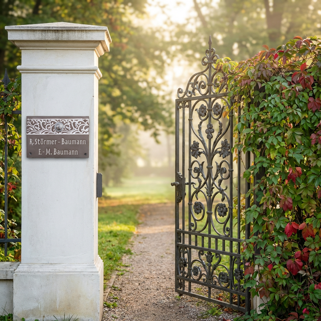Zeitlos schlichtes Keramik-Türschild, handgefertigt und frostfest an einem Gartentor