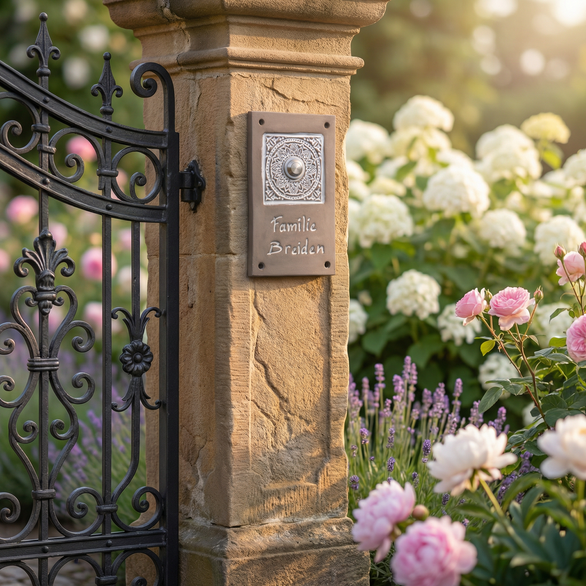 Handgefertigtes Keramik-Türschild mit schönem Stempeldekor in grau Weiß