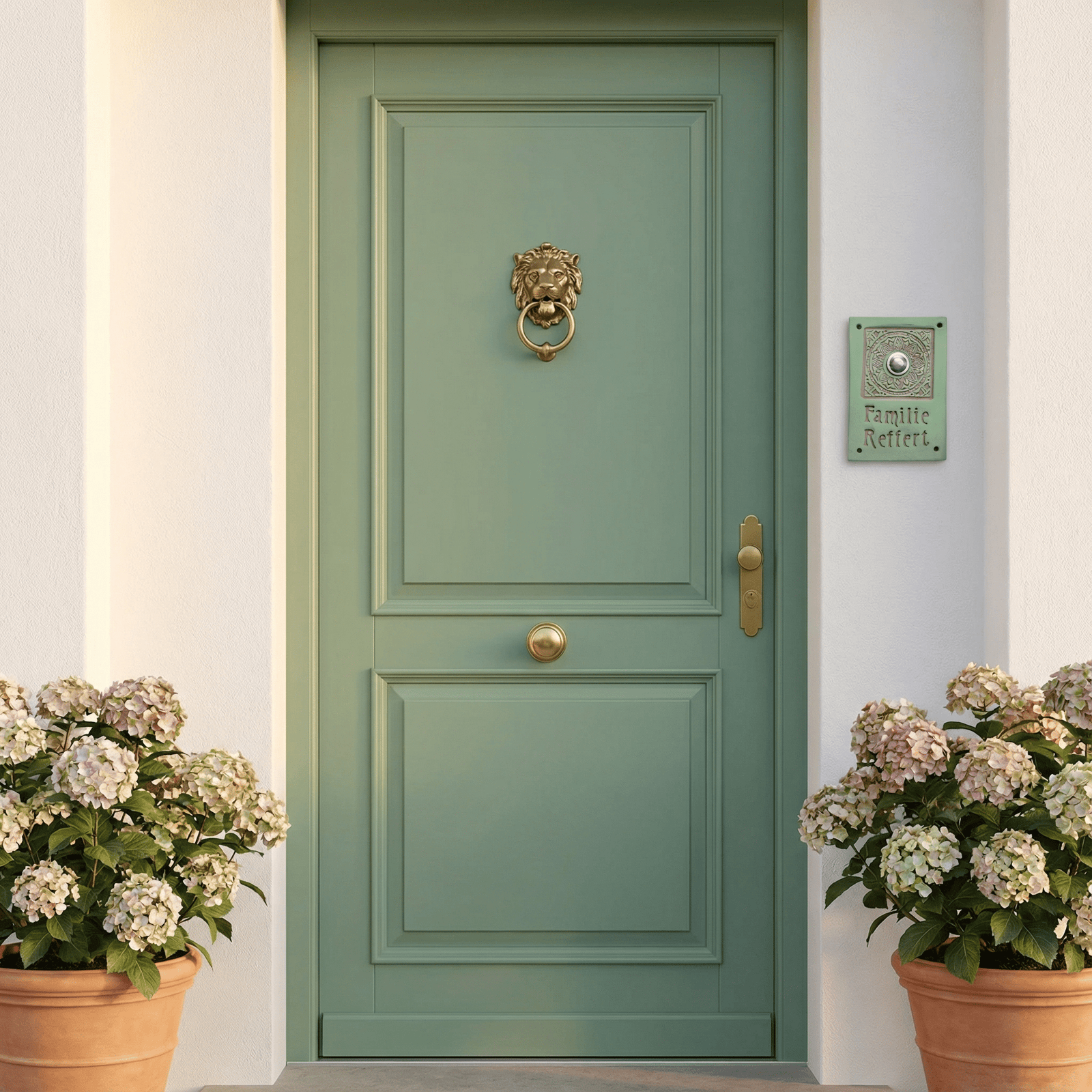 Handgefertigtes Keramik-Türschild – Namensschild  in Salbeigrün mit Grau