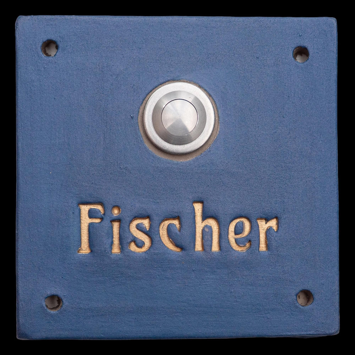Handgefertigtes Keramik-Klingelschild mit Gravur –Blau matt, 13×13 cm
