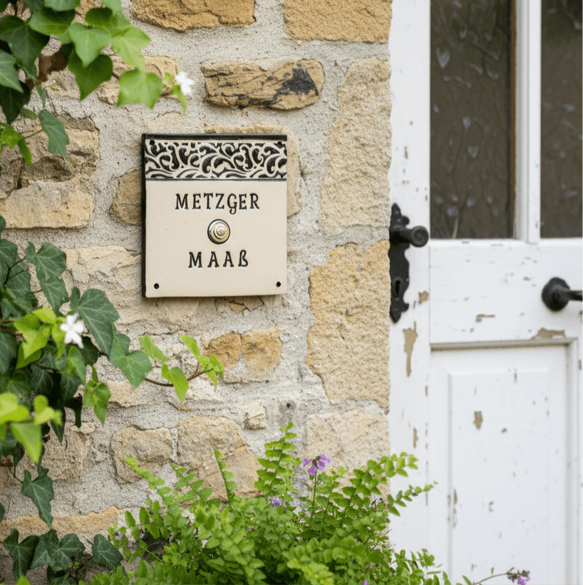 Handgefertigtes Türschild aus Keramik mit eingeprägtem Muster, wahlweise mit Klingelknopf