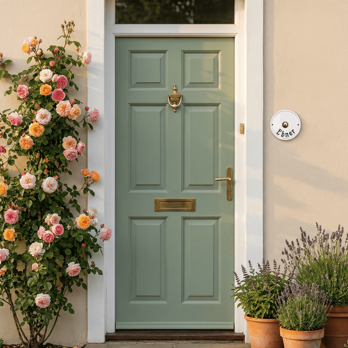 Handgefertigtes weißes Keramik-Klingelschild mit individueller Namensgravur in unterschiedlichen Farben und Schriften