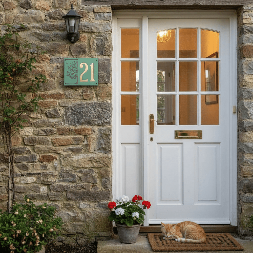 Handgemachte Hausnummer Tafel aus Keramik mit Baum-Motiv – personalisierbar, wetterfest, Maße*siehe Beschreibung