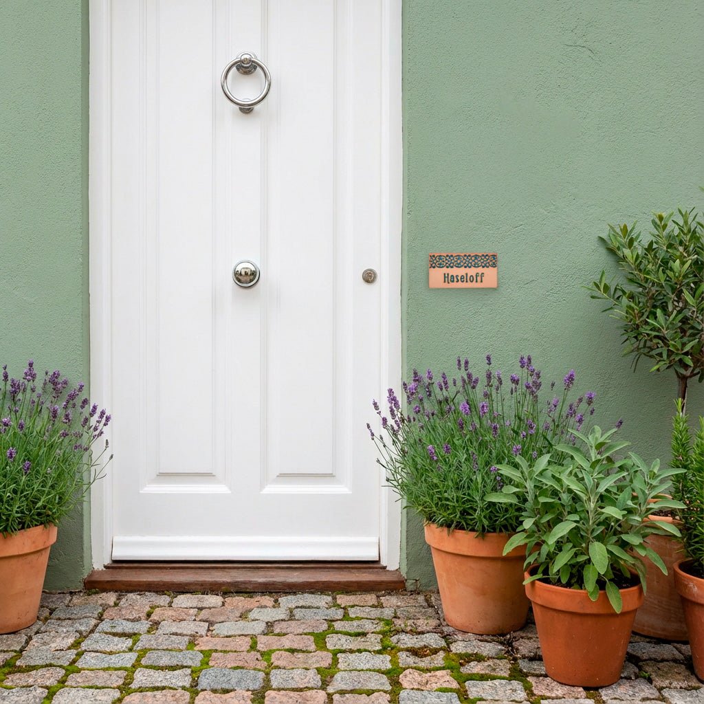 Handgemachtes Türschild aus Keramik – Namensschild mit ornament Borte