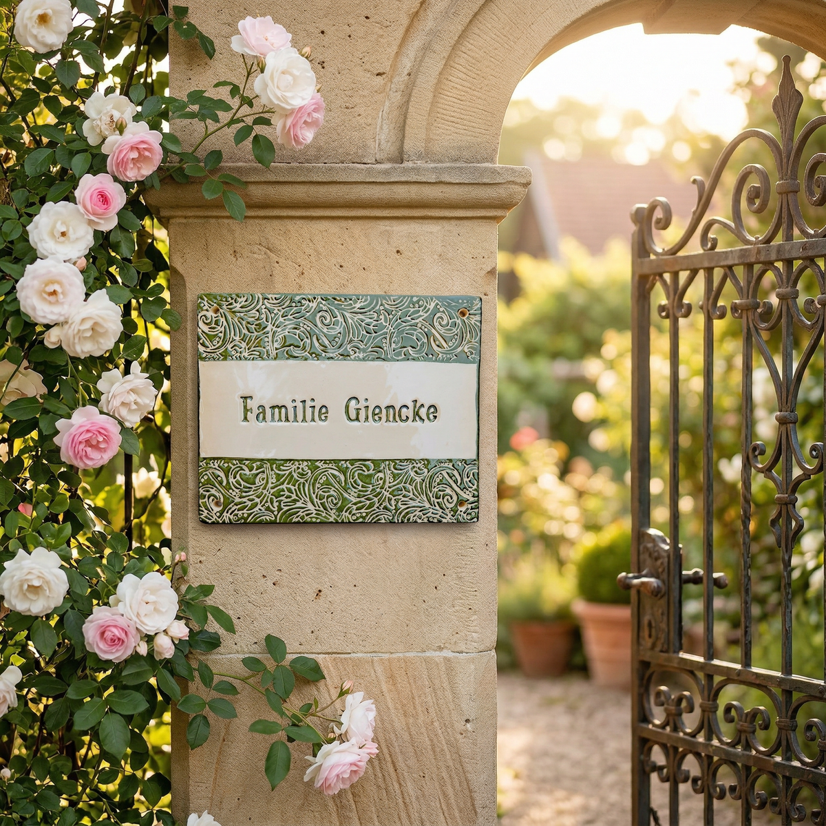 Handgemachtes Türschild aus Keramik – Namensschild mit Ornamente, Muster wetter - &amp; frostfest - Keramikwerkstatt Johanna Brückner