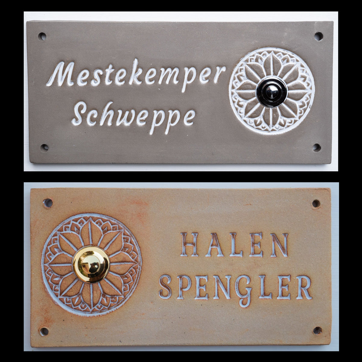 Handgefertigtes Keramik-Türschild, ca. 21×14 cm, mit eingraviertem Mandala, goldenem Klingelknopf und personalisiertem Namen „Halen Spengler“.